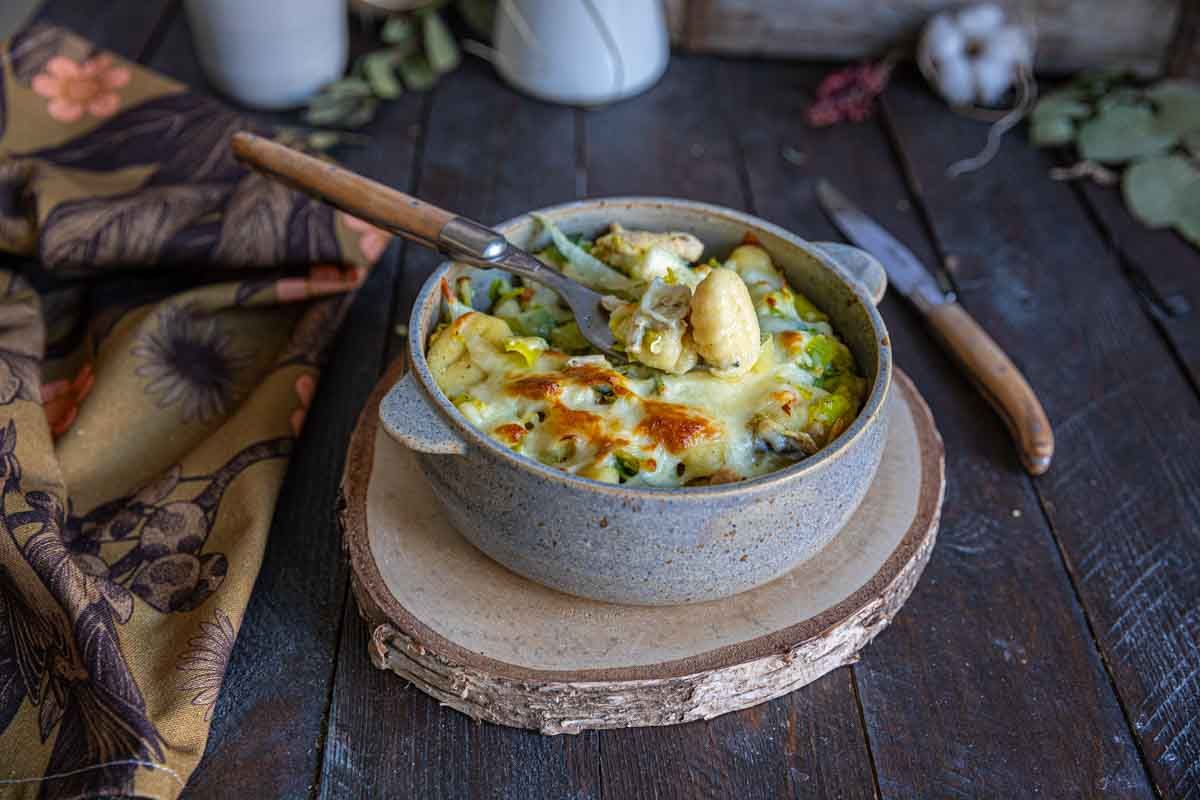 Gnocchis moelleux aux poireaux et poulet
