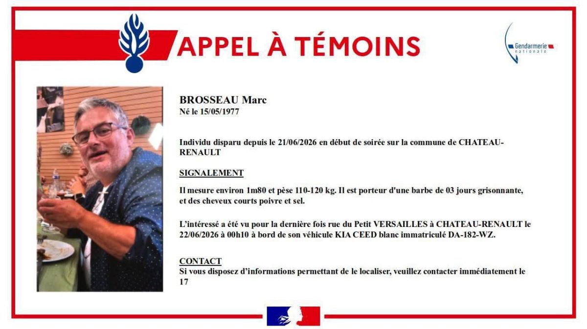 Un homme de 49 ans porté disparu à Château-Renault : les gendarmes lancent un appel à la vigilance
