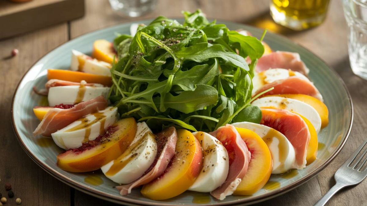 Savourez une salade minceur estivale : pêches, jambon et mozzarella légère